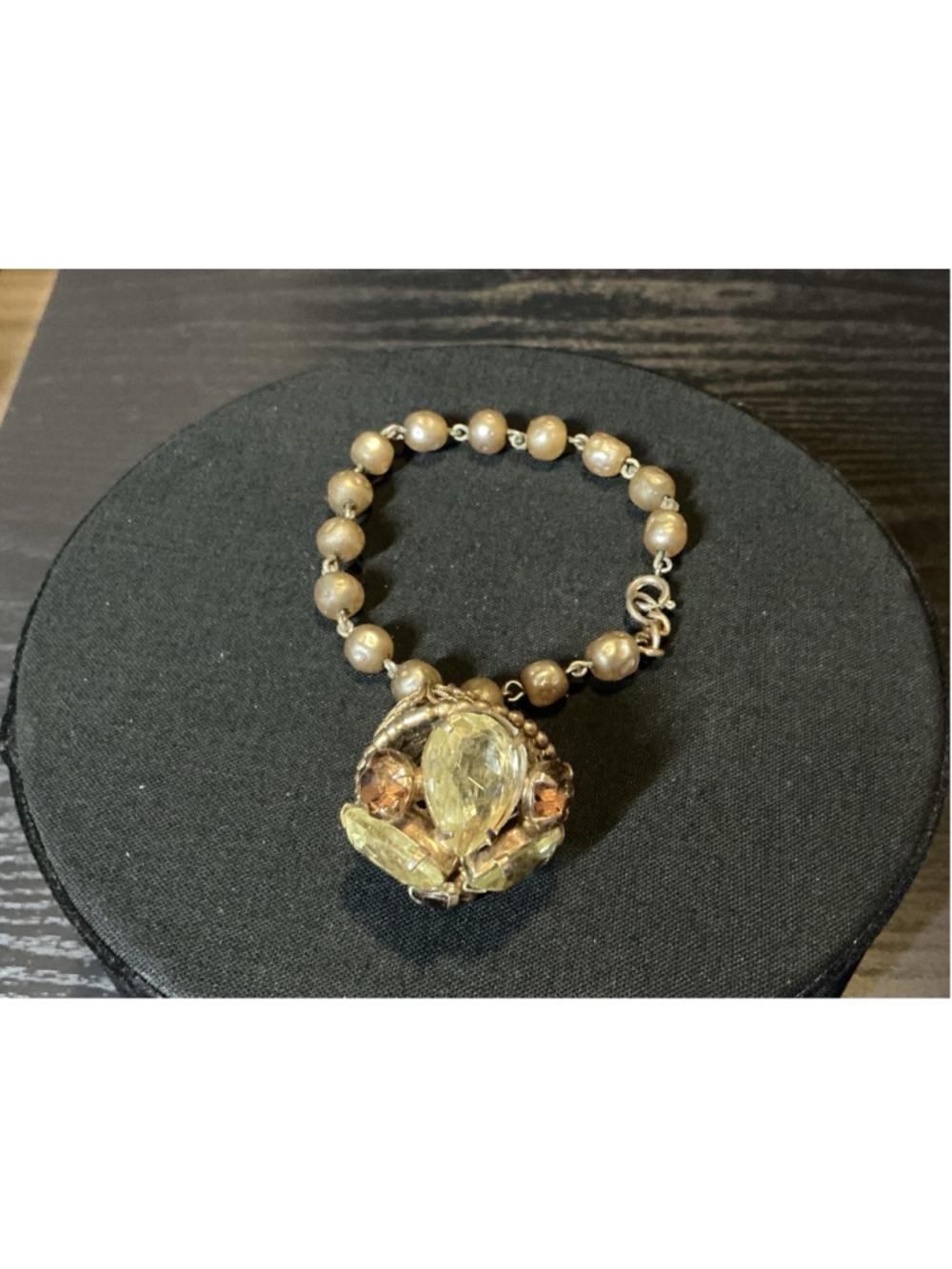 Vintage West German Style Citrine Rhinestone Fob Filigree Ball Pearl Bracelet.